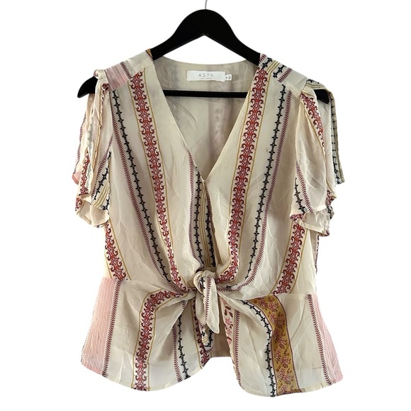 Astr Tops - ASTR The Label Cream Boho Pattern Tie Front Cold Shoulder Blouse Size Medium